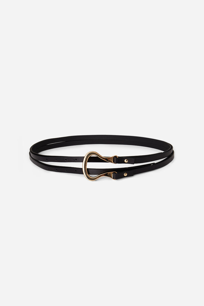 Gold buckle belt with long straps